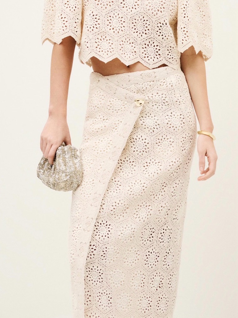 Ba&Sh Cream Crochet Midi Wrap Skirt
